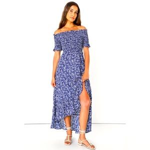 Lulus Fleur-tation Navy Blue Floral Print Off-the-Shoulder Midi Dress